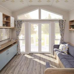 An open plan living area with patio doors